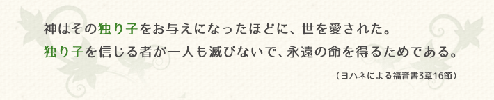神はその独り子をお与えになったほどに、世を愛された。独り子を信じる者が一人も滅びないで、永遠の命を得るためである。（ヨハネによる福音書3章16節）